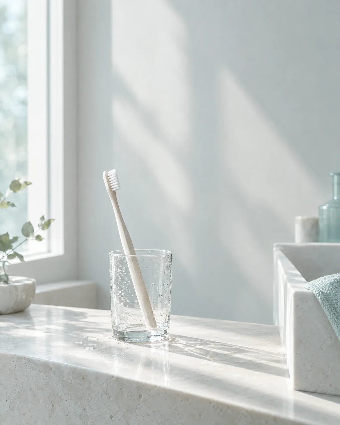 Toothbrush in a glass by the window