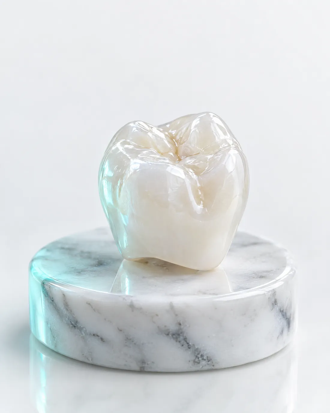 Ceramic dental crown on a marble stand